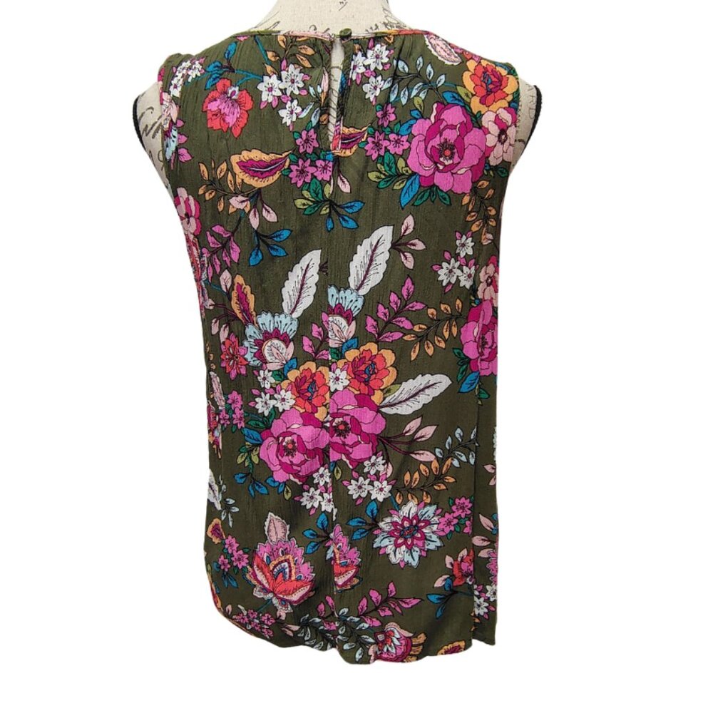 Womens Blouse Medium Sleeveless Olive Green Pink Floral‎ - Y2K Boho Hippie 70s - Picture 4 of 6
